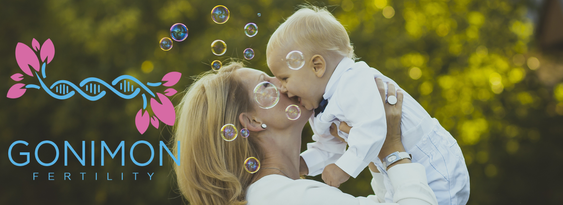 gonimon logo lady kissing baby bubbles in the air